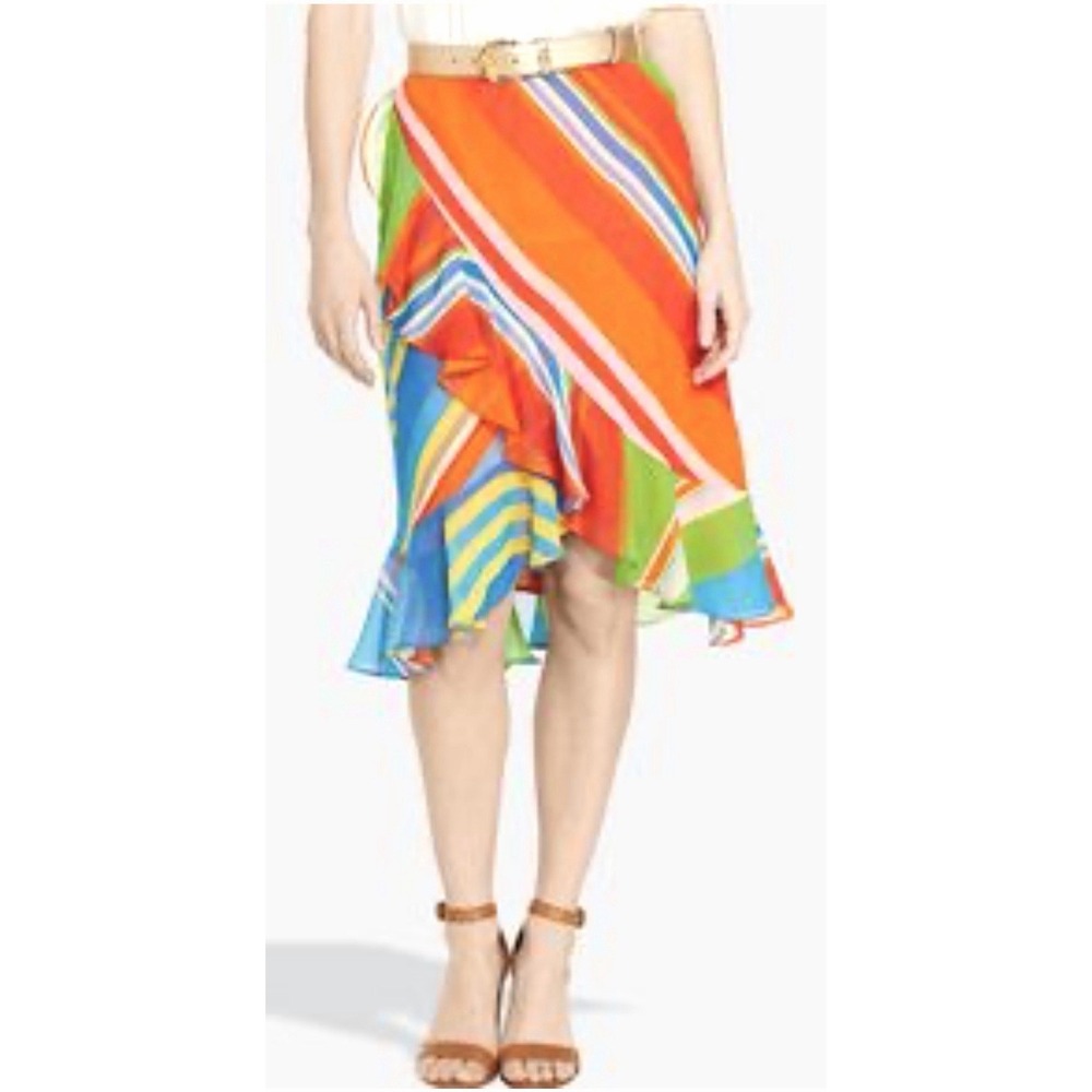 Lauren Ralph Lauren Variegated Striped Colorful Ruffle Midi Skirt Size Small